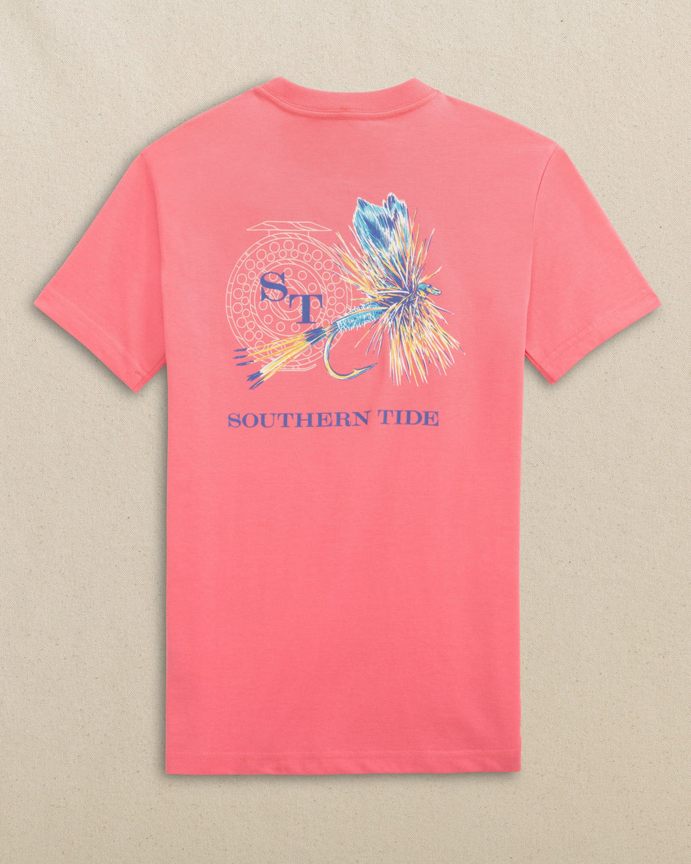 The back view of the Southern Tide Kids Reel Fly Adams Short Sleeve T-Shirt by Southern Tide - Island Pink