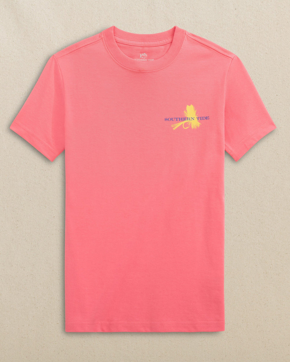 The front view of the Southern Tide Kids Reel Fly Adams Short Sleeve T-Shirt by Southern Tide - Island Pink