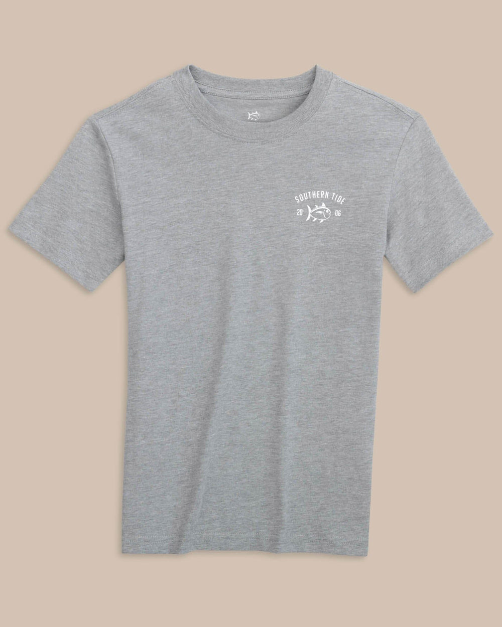 The front view of the Southern Tide Kids RRR SJ Heather T-shirt by Southern Tide - Heather Quarry