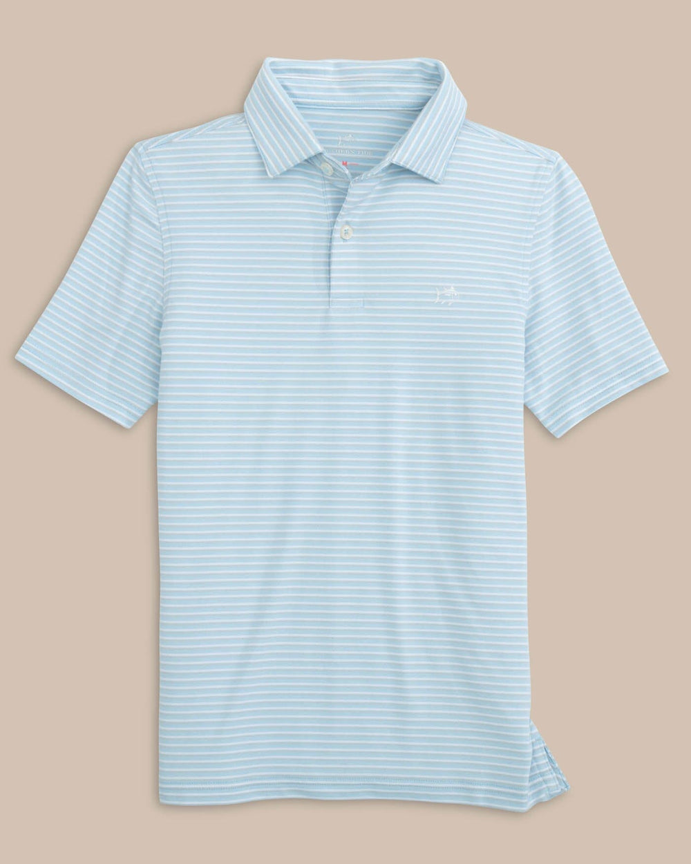 The front view of the Southern Tide Kids Ryder Heather Halls Stripe Performance Polo by Southern Tide - Heather Clearwater Blue