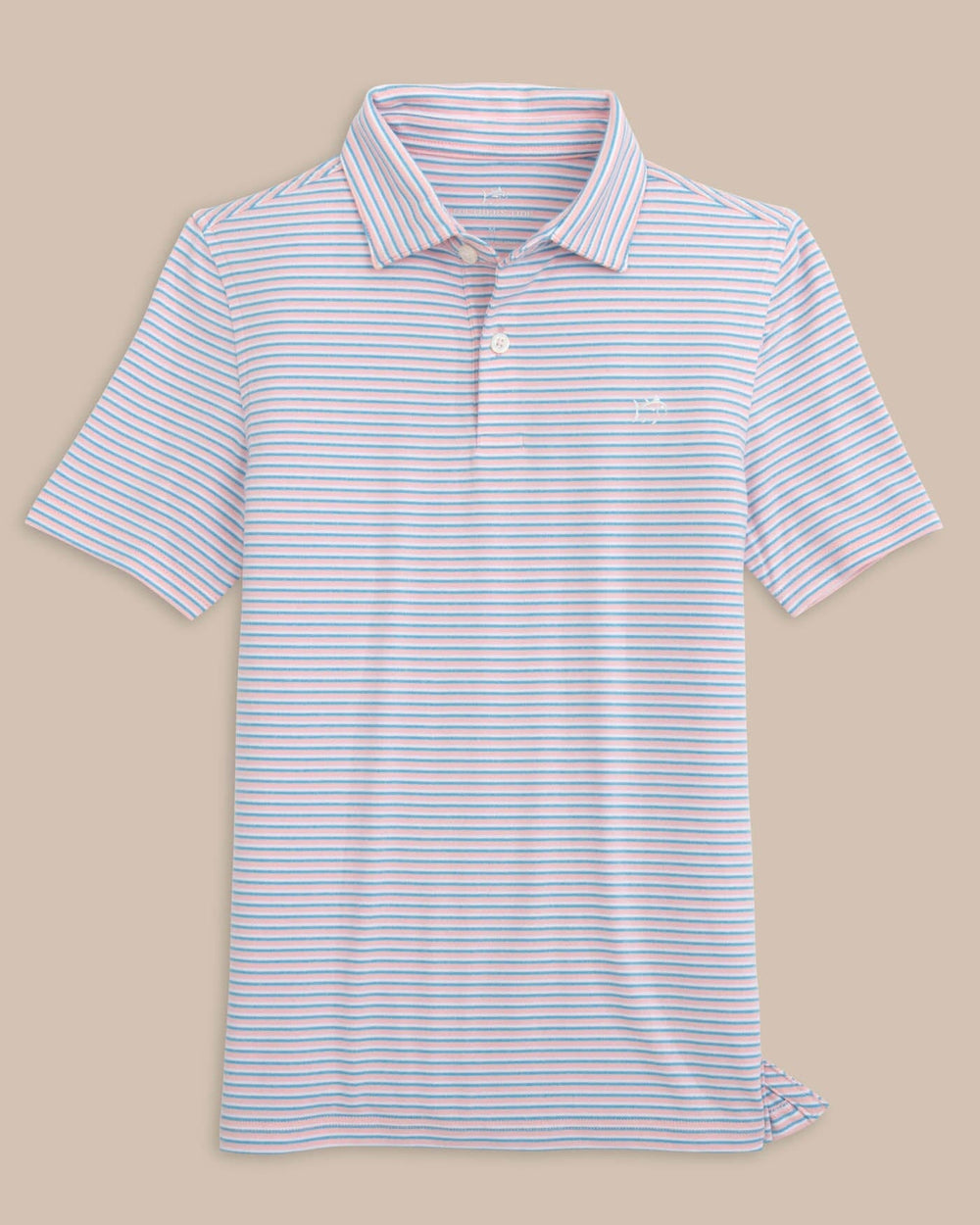 The front view of the Southern Tide Kids Ryder Heather Halls Stripe Performance Polo by Southern Tide - Heather Pale Rosette Pink