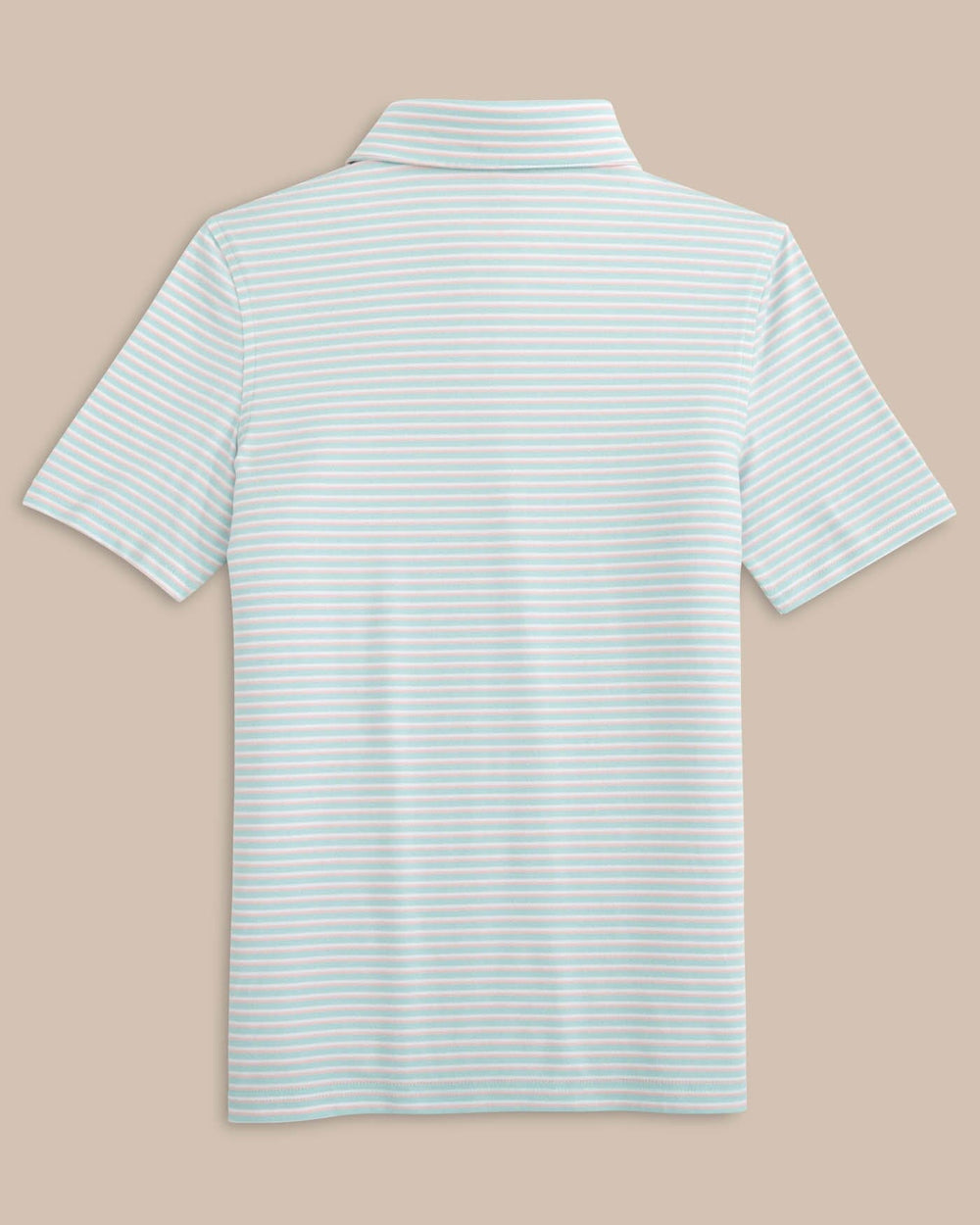 The back view of the Southern Tide Kids Ryder Heather Halls Stripe Performance Polo by Southern Tide - Heather Wake Blue