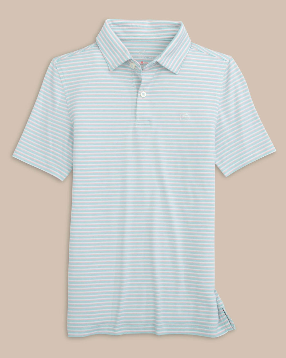 The front view of the Southern Tide Kids Ryder Heather Halls Stripe Performance Polo by Southern Tide - Heather Wake Blue