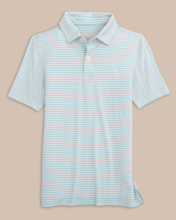 The front view of the Southern Tide Kids Ryder Heather Halls Stripe Performance Polo by Southern Tide - Heather Wake Blue