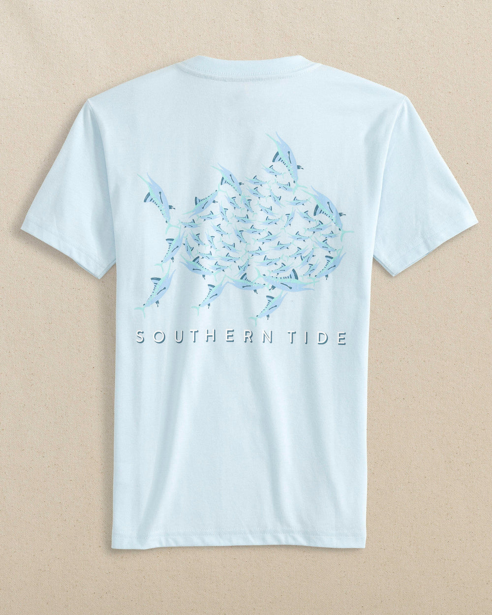 The back view of the Southern Tide Kids Sailfish Swim Skipjack Fill Short Sleeve T-Shirt by Southern Tide - Dewdrop Blue