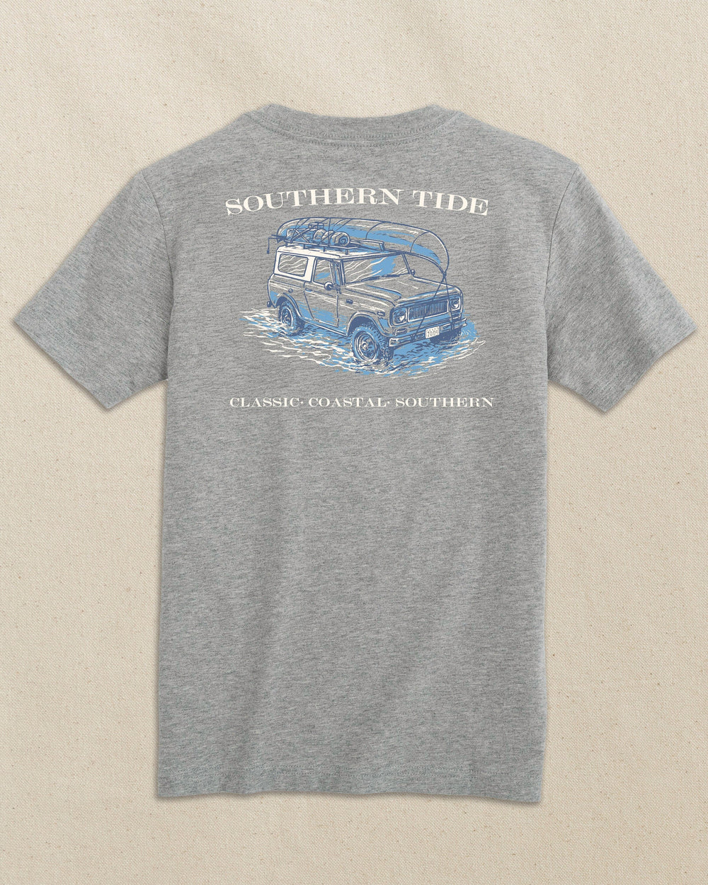 The back view of the Southern Tide Kids Scout Adventure Short Sleeve T-Shirt by Southern Tide - Heather Grey