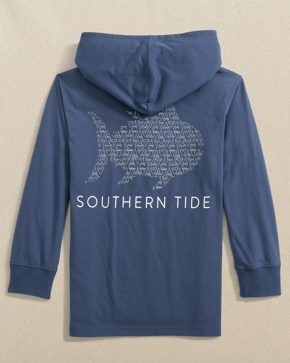 The back view of the Southern Tide Kids Shark Tooth Skipjack Fashion Hoodie T-Shirt by Southern Tide - Light Indigo