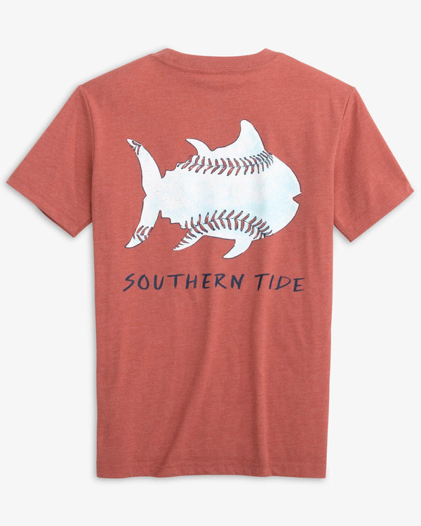 The back view of the Southern Tide Kids Sketched Baseball Heather T-Shirt by Southern Tide - Heather Dusty Coral