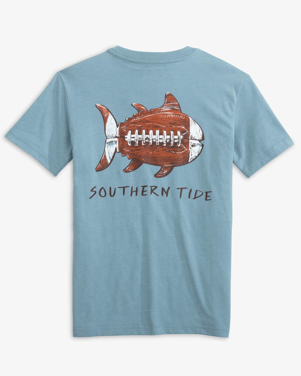 The back view of the Southern Tide Kids Sketched Football Heather T-Shirt by Southern Tide - Heather Blue Shadow
