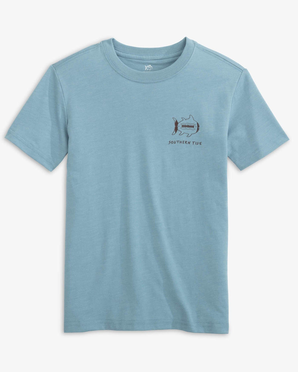The front view of the Southern Tide Kids Sketched Football Heather T-Shirt by Southern Tide - Heather Blue Shadow