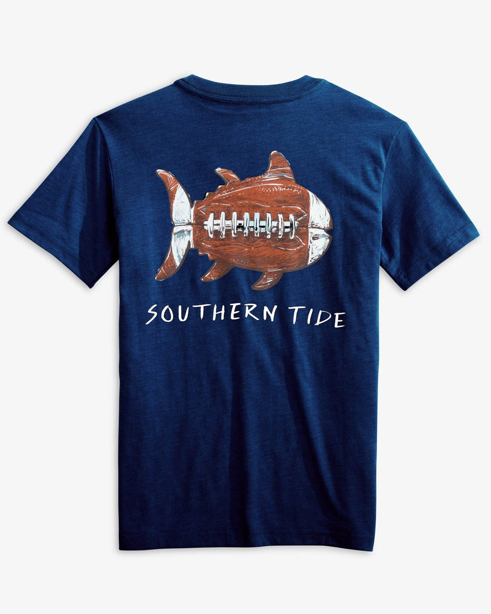 The back view of the Southern Tide Kids Sketched Football Heather T-Shirt by Southern Tide - True Navy