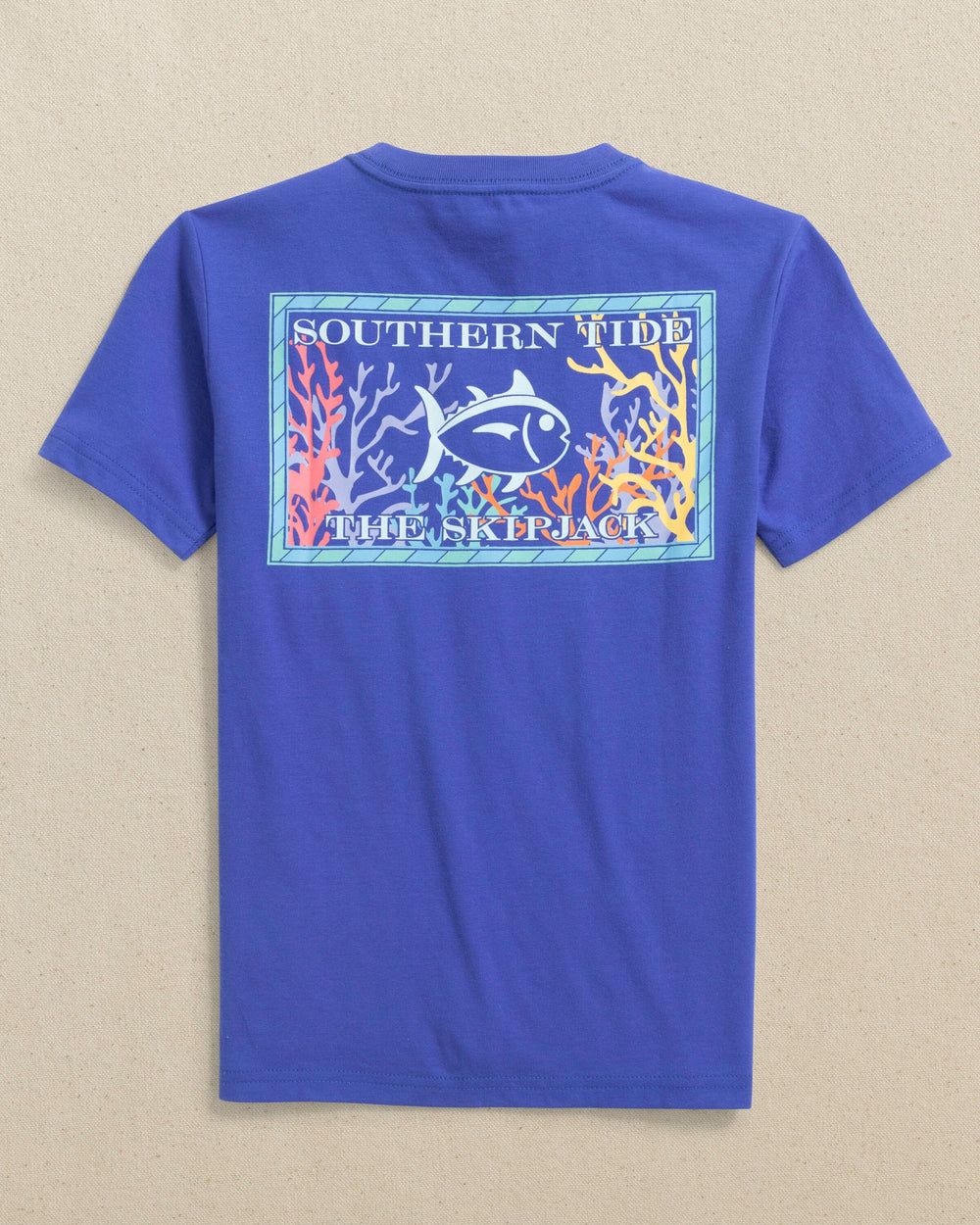 The back view of the Southern Tide Kids Skipjack Among the Reef Short Sleeve T-Shirt by Southern Tide - Dazzling Blue