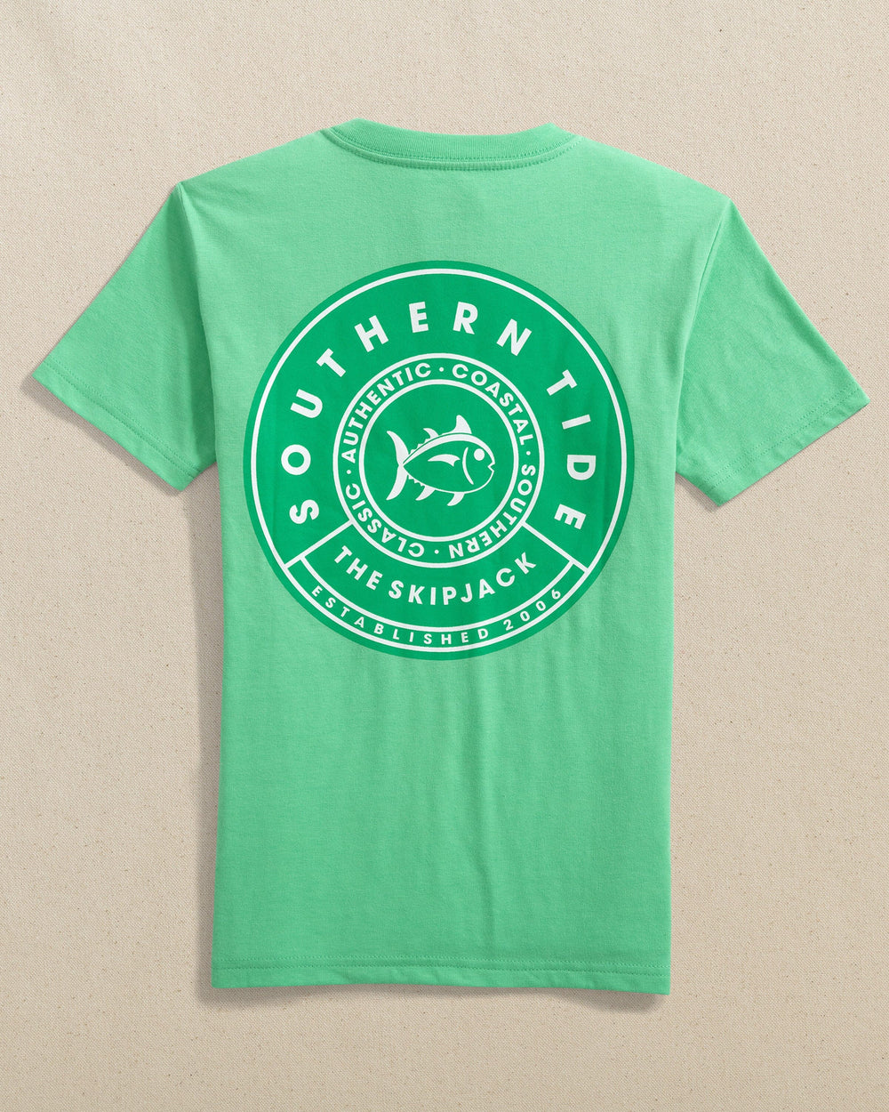 The back view of the Southern Tide Youth Short Sleeve Skipjack Badge Tee by Southern Tide - Jade Green 