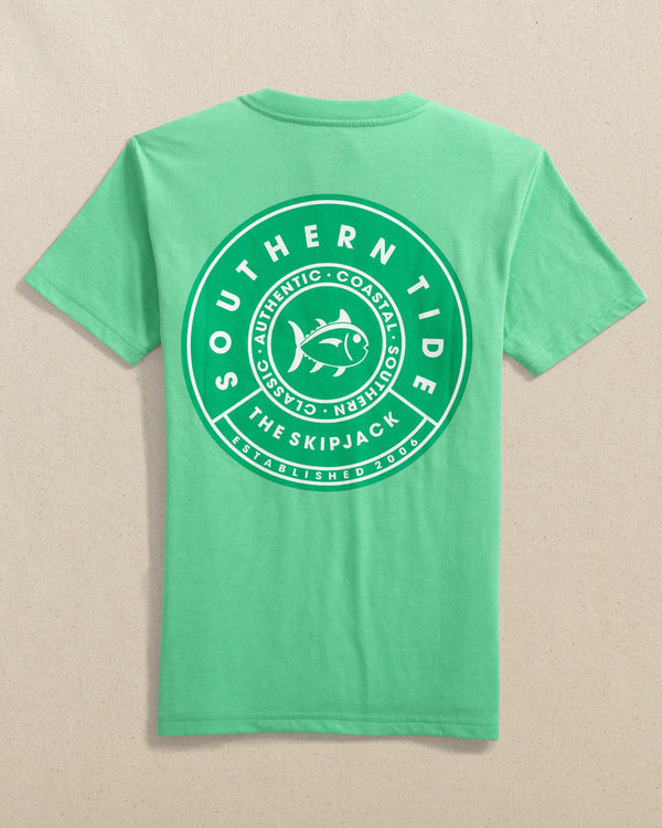 The back view of the Southern Tide Youth Short Sleeve Skipjack Badge Tee by Southern Tide - Jade Green 