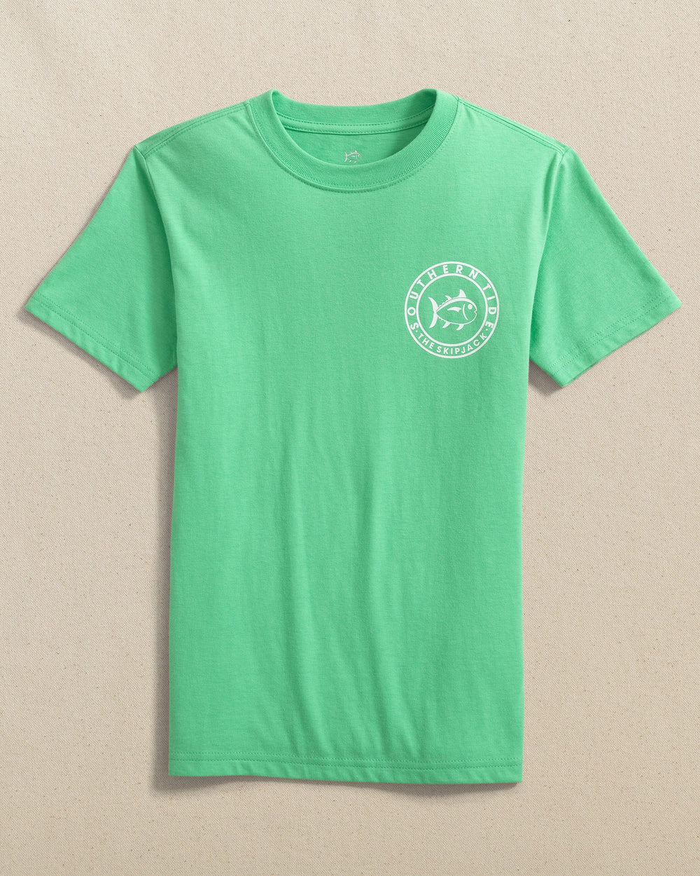 The front view of the Southern Tide Youth Short Sleeve Skipjack Badge Tee by Southern Tide - Jade Green 