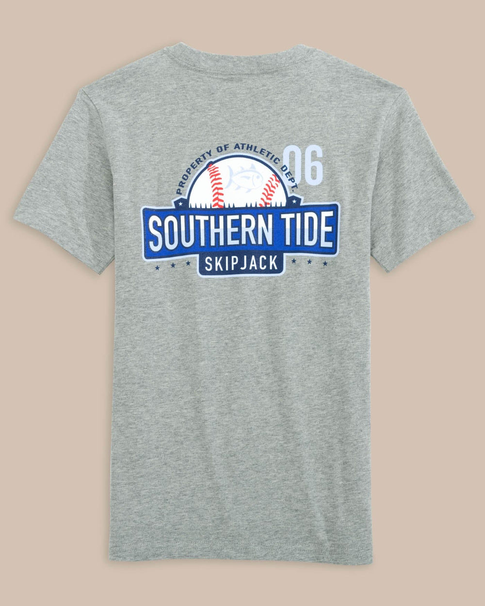 The back view of the Southern Tide Kids Skipjack Baseball Heather T-Shirt by Southern Tide - Heather Grey