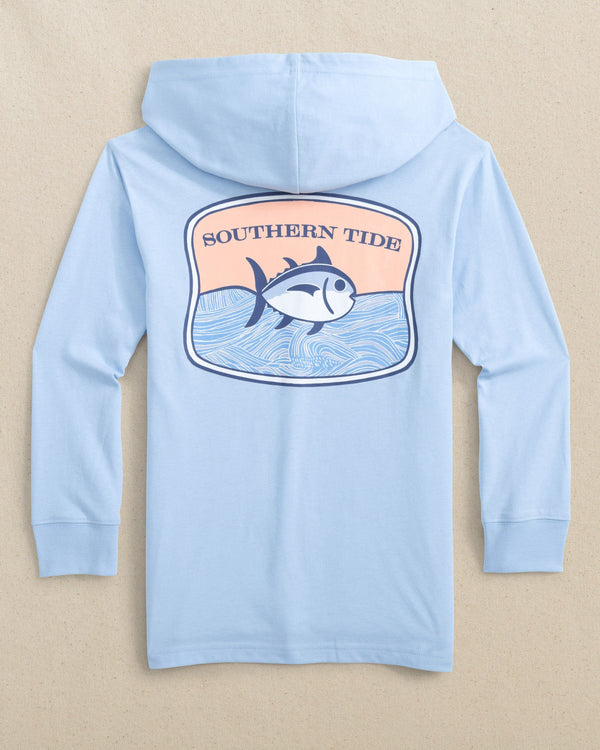 The back view of the Southern Tide Kids Skipjack Beach Badge Long Sleeve Hoodie T-Shirt by Southern Tide - Cerulean