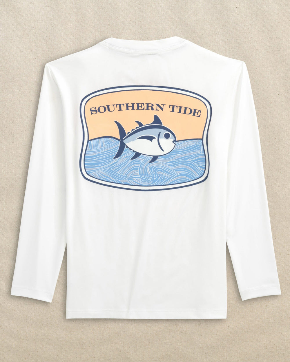 The back view of the Southern Tide Kids Skipjack Beach Badge Long Sleeve Performance T-Shirt by Southern Tide - Classic White