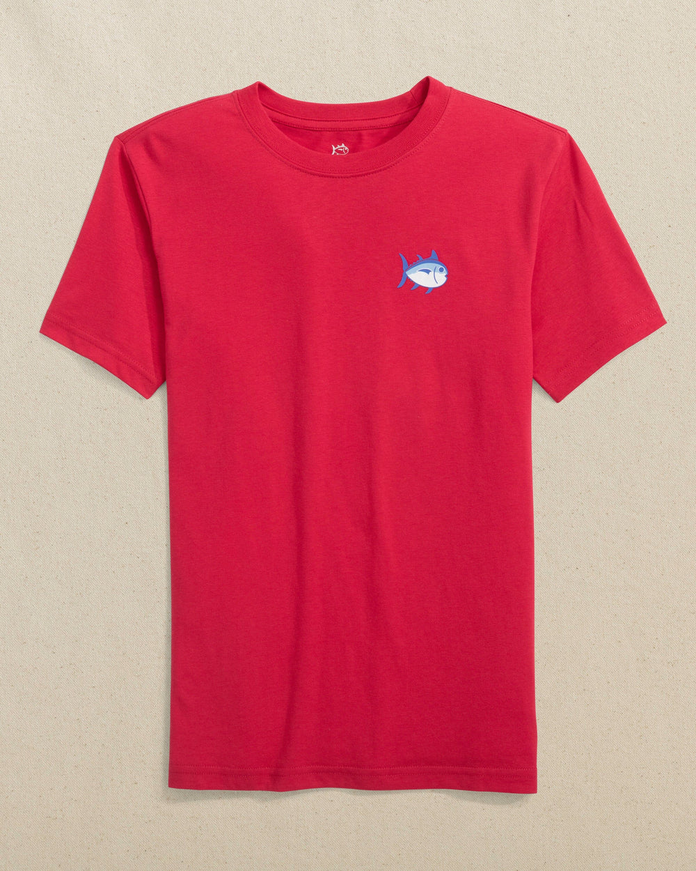 The front view of the Southern Tide Kids Skipjack Beach Short Sleeve T-Shirt by Southern Tide - Grenadine Red