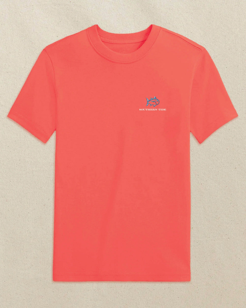 The front view of the Southern Tide Kids Skipjack Center Console Short Sleeve T-Shirt by Southern Tide - Coral Beach