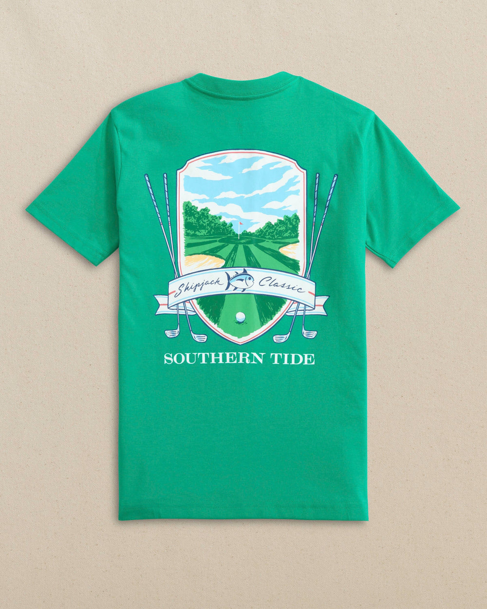 The back view of the Southern Tide Kids Skipjack Classic Badge Short Sleeve T-Shirt by Southern Tide - Emerald