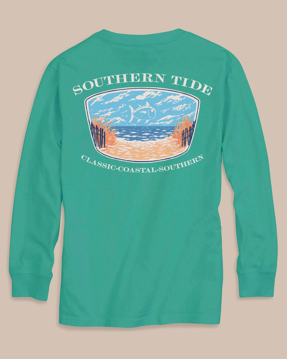 The back view of the Southern Tide Kids Skipjack Cloud Beach Badge Long Sleeve T-Shirt by Southern Tide - Persian Green