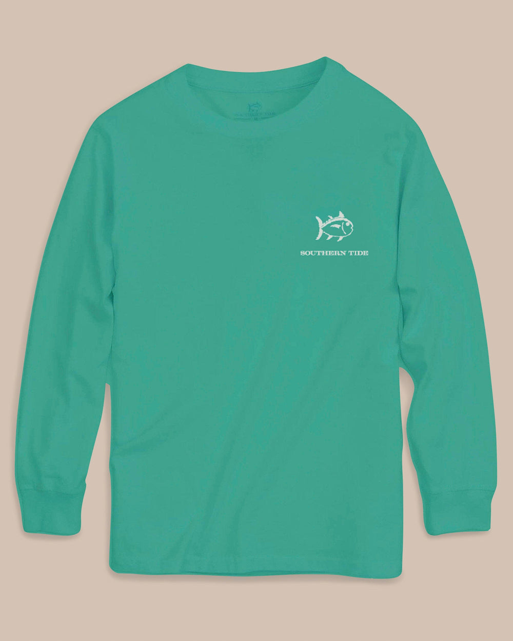 The front view of the Southern Tide Kids Skipjack Cloud Beach Badge Long Sleeve T-Shirt by Southern Tide - Persian Green