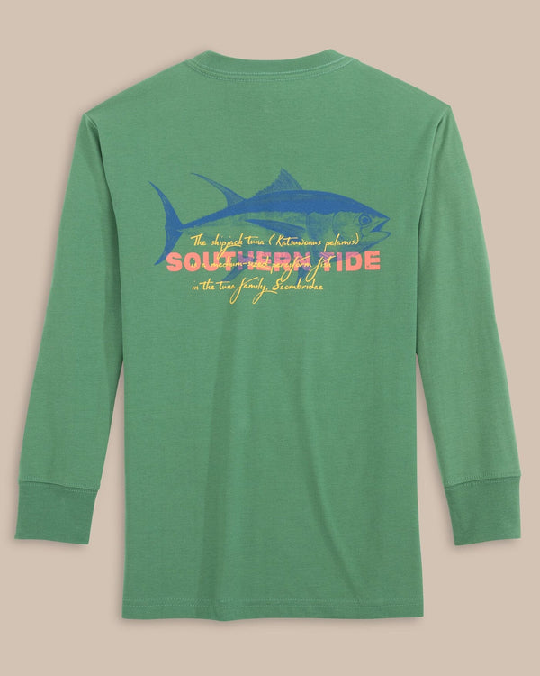 The back view of the Southern Tide Kids Skipjack Facts Long Sleeve T-Shirt by Southern Tide - Frosty Spruce