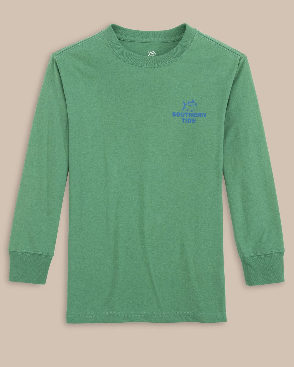 The front view of the Southern Tide Kids Skipjack Facts Long Sleeve T-Shirt by Southern Tide - Frosty Spruce