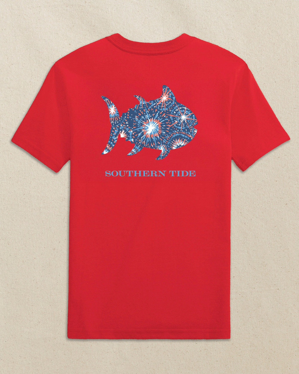 The back view of the Southern Tide Kids Skipjack Fill Fireworks Short Sleeve T-Shirt by Southern Tide - Channel Marker Red