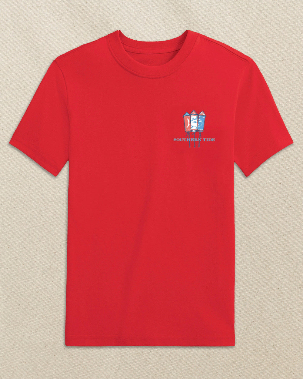 The front view of the Southern Tide Kids Skipjack Fill Fireworks Short Sleeve T-Shirt by Southern Tide - Channel Marker Red
