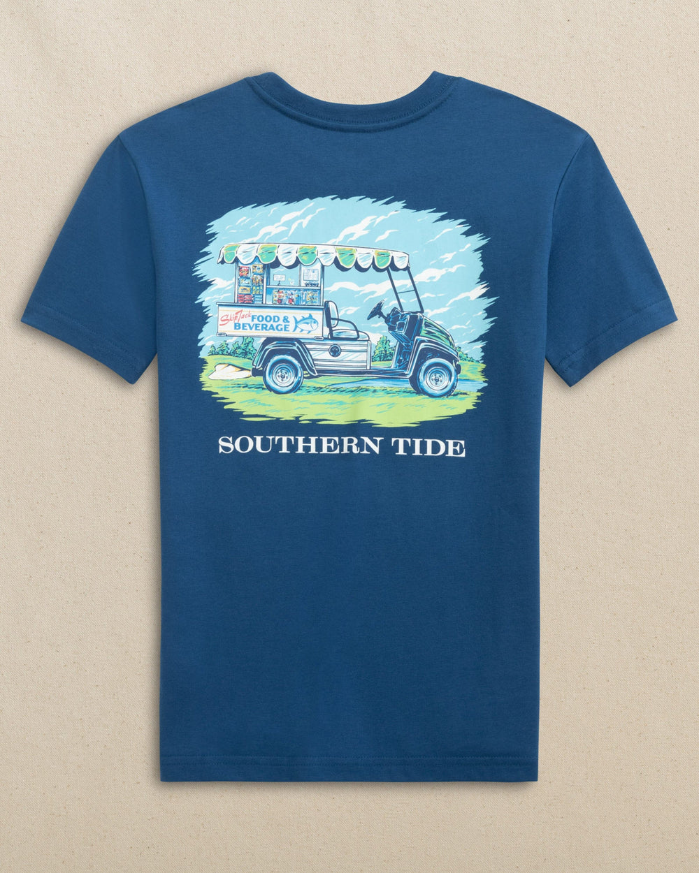 The back view of the Southern Tide Kids Skipjack Food & Beverage Cart Short Sleeve T-Shirt by Southern Tide - Nautical Blue