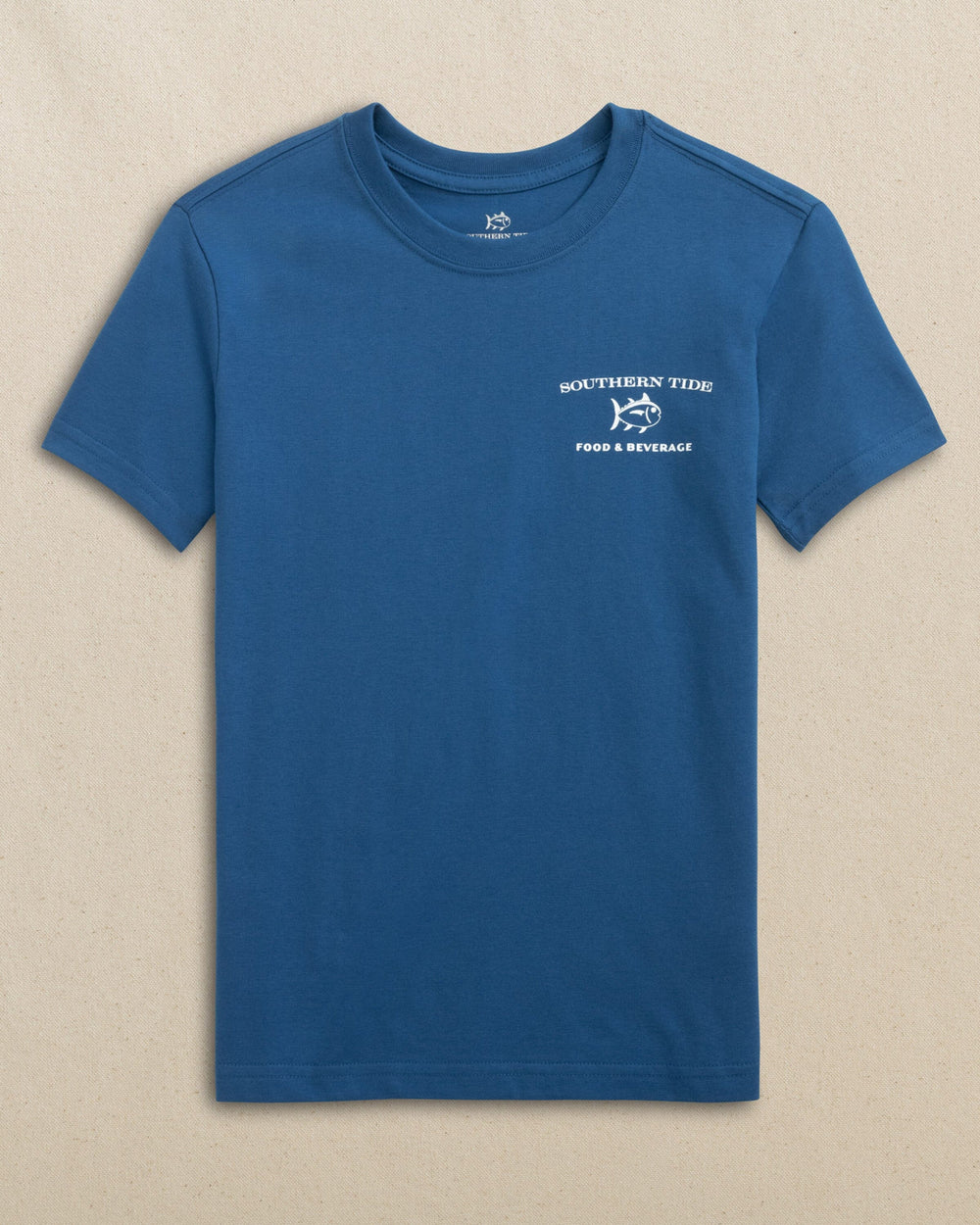 The front view of the Southern Tide Kids Skipjack Food & Beverage Cart Short Sleeve T-Shirt by Southern Tide - Nautical Blue
