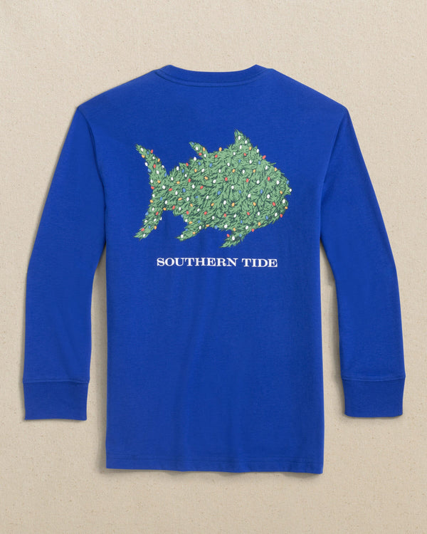 The back view of the Southern Tide Kids Skipjack Lights Long Sleeve T-Shirt by Southern Tide - Surf Blue