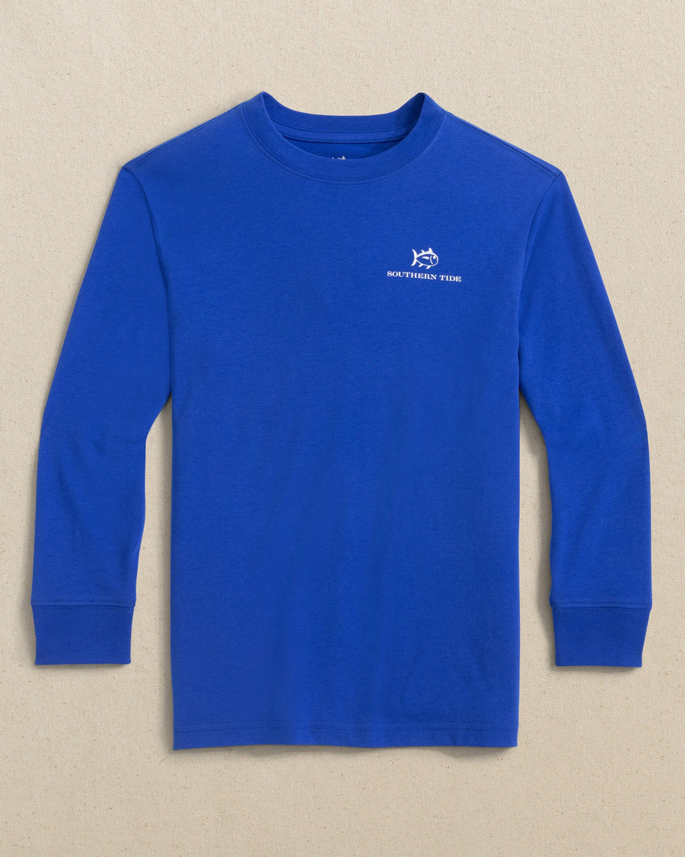 The front view of the Southern Tide Kids Skipjack Lights Long Sleeve T-Shirt by Southern Tide - Surf Blue