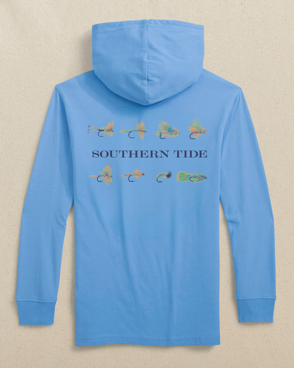 The back view of the Southern Tide Kids Southern Tide Flies Long Sleeve Hoodie T-Shirt by Southern Tide - Cerulean