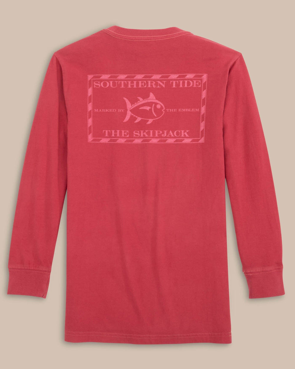 The back view of the Southern Tide Kids ST Classic Skipjack Garment Dye Long Sleeve T-Shirt by Southern Tide - Baroque Rose