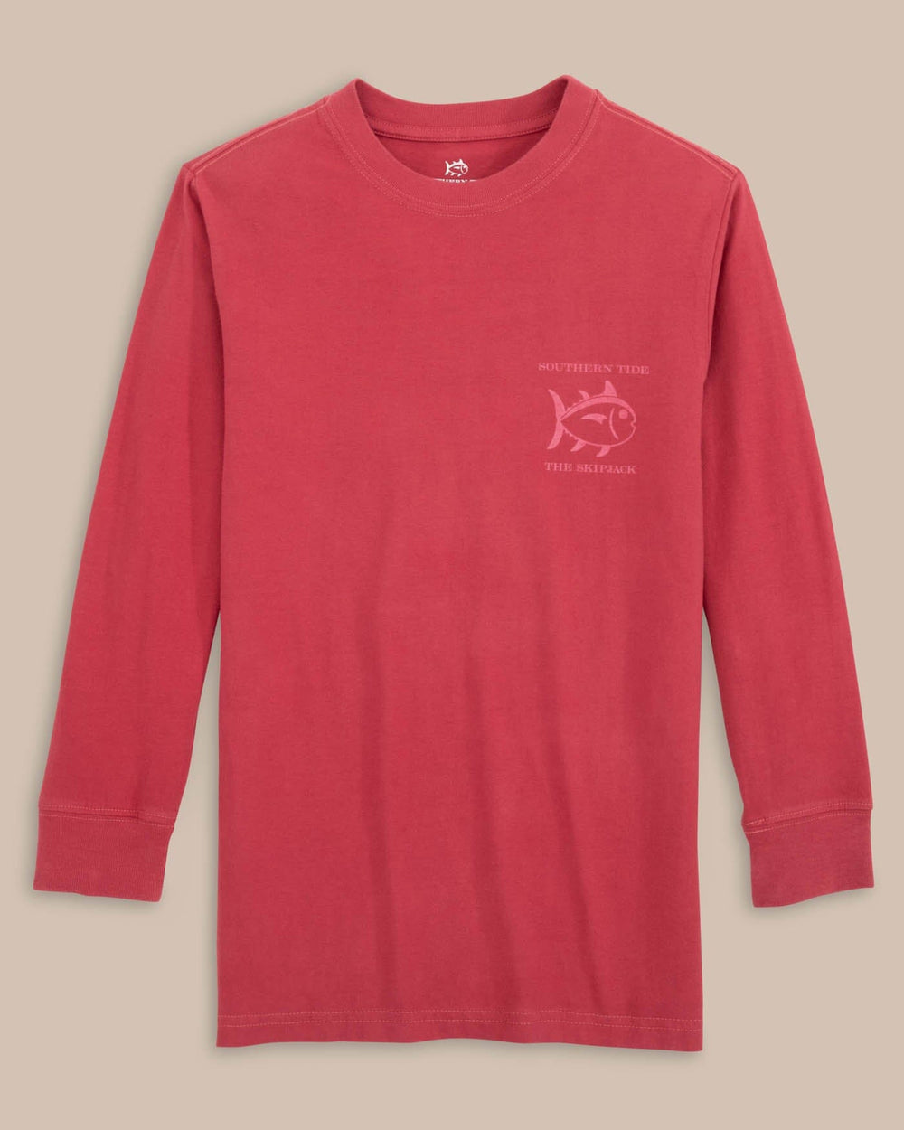 The front view of the Southern Tide Kids ST Classic Skipjack Garment Dye Long Sleeve T-Shirt by Southern Tide - Baroque Rose