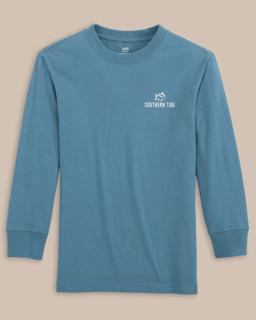 The front view of the Southern Tide Kids ST Coastal Camping Long Sleeve T-Shirt by Southern Tide - Sea Blue