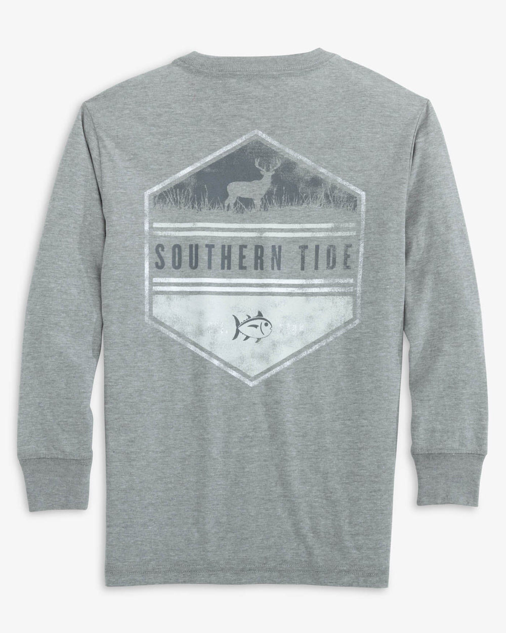 The back view of the Southern Tide Kids ST Deer Hexagon Heather Long Sleeve T-Shirt by Southern Tide - Heather Quarry