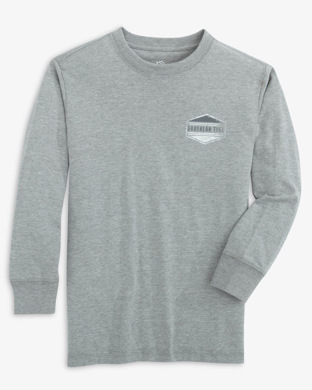 The front view of the Southern Tide Kids ST Deer Hexagon Heather Long Sleeve T-Shirt by Southern Tide - Heather Quarry