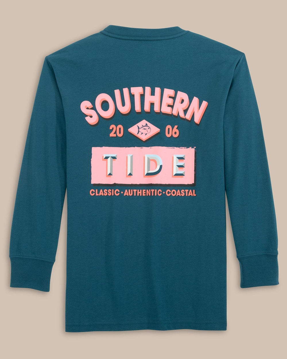 The back view of the Southern Tide Kids ST Dimensional Long Sleeve T-Shirt by Southern Tide - Teal Haze