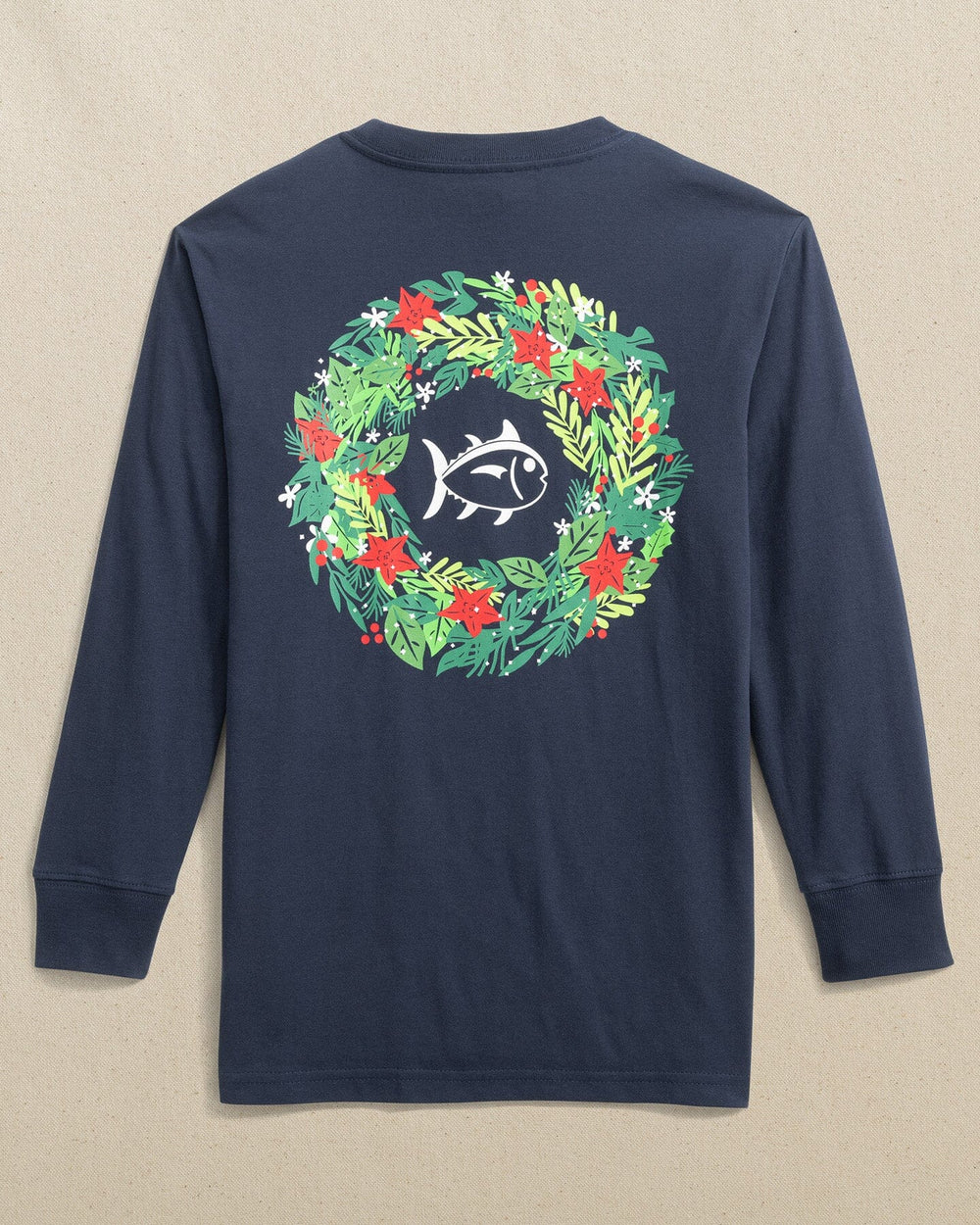 The back view of the Southern Tide Kids ST Holiday Wreath Long Sleeve T-Shirt by Southern Tide - Dress Blue