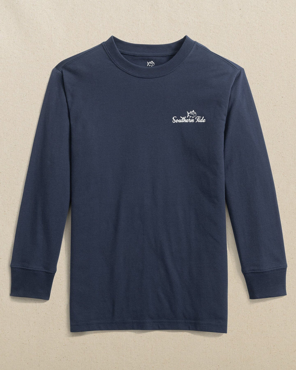 The front view of the Southern Tide Kids ST Holiday Wreath Long Sleeve T-Shirt by Southern Tide - Dress Blue