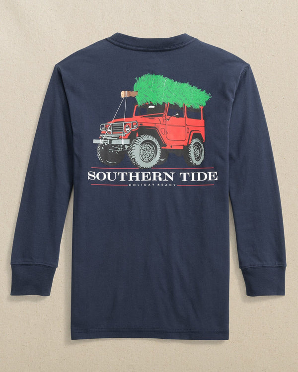 The back view of the Southern Tide Kids ST Jeepmas long Sleeve T-Shirt by Southern Tide - Dress Blue