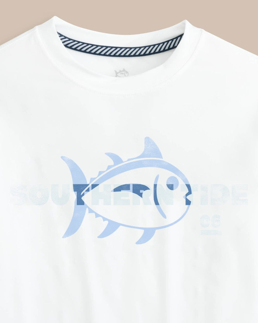 The front view of the Southern Tide Kids ST Overlay Performance Short Sleeve T-Shirt by Southern Tide - Classic White