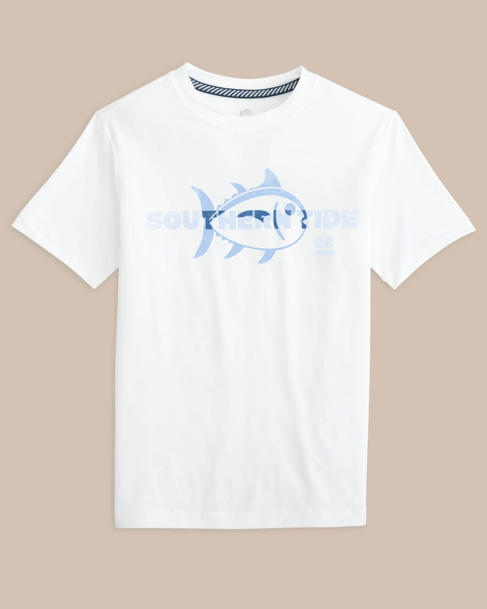 The front view of the Southern Tide Kids ST Overlay Performance Short Sleeve T-Shirt by Southern Tide - Classic White