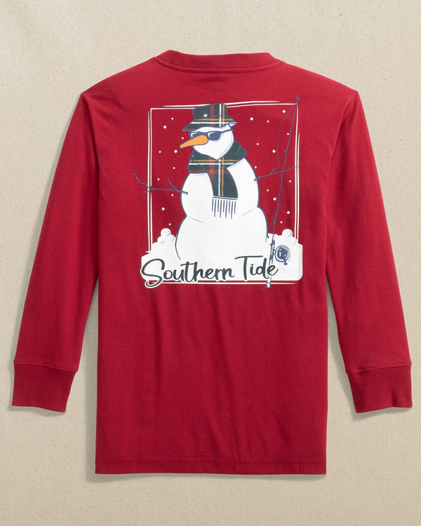 The back view of the Southern Tide Kids ST Snowman Long Sleeve T-Shirt by Southern Tide - Rio Red