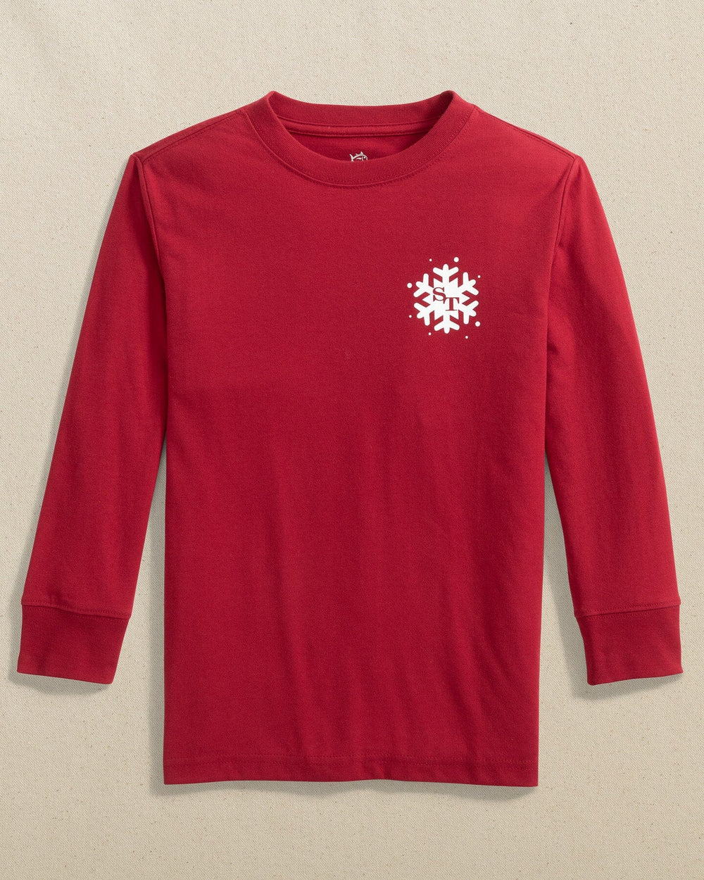 The front view of the Southern Tide Kids ST Snowman Long Sleeve T-Shirt by Southern Tide - Rio Red