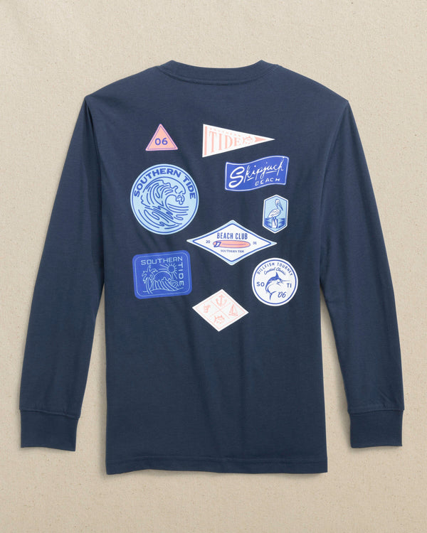 The back view of the Southern Tide Kids ST Stickers Long Sleeve T-Shirt by Southern Tide - Dress Blue